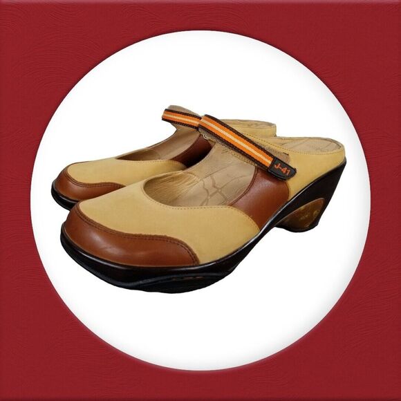 J-41 adventure‎ on 9M womens clogs mules slides LEATHER  SUEDE brown EUC - Picture 1 of 15